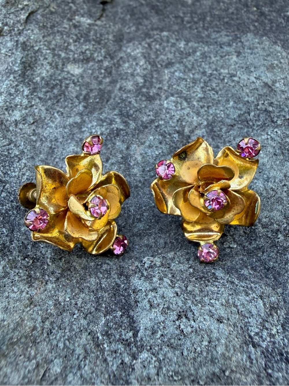 Vintage Estate Austrian Gold Floral Cluster Clip Earrings Pink Crystals